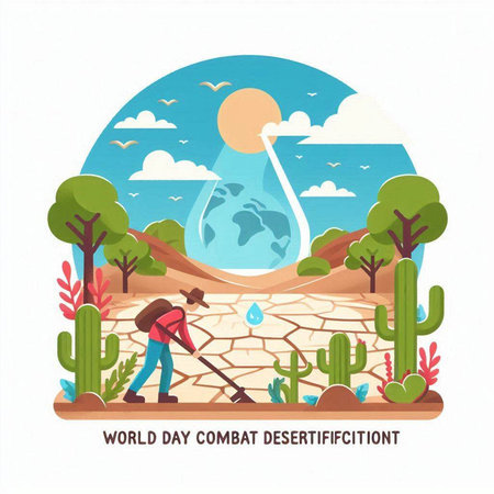 Water conservation flat design concept with cactuses and man with shovelのイラスト素材
