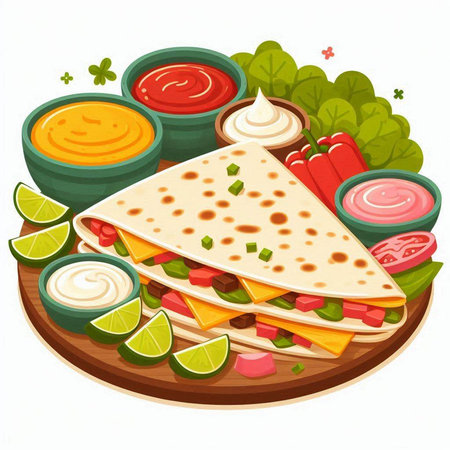 Mexican food, quesadilla with tortilla, guacamolennaise, chili pepper, tomato sauce, cucumber, radish, lime and parsley. Vector illustrationのイラスト素材
