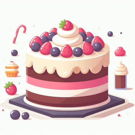 Vector illustration of a cake with cream, berries and candies.のイラスト素材