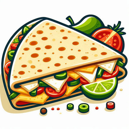 Illustration of a Tortilla Sandwich with Tomato, Cheese, Pepper and Onionのイラスト素材