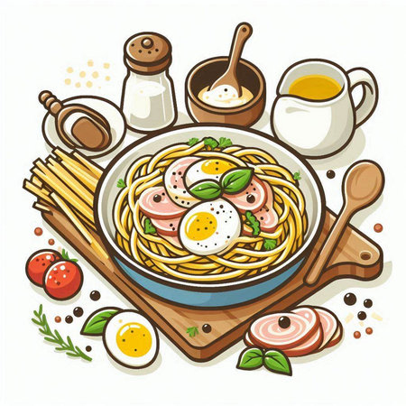 Spaghetti with ham, egg and herbs in a bowl. Vector illustration.のイラスト素材