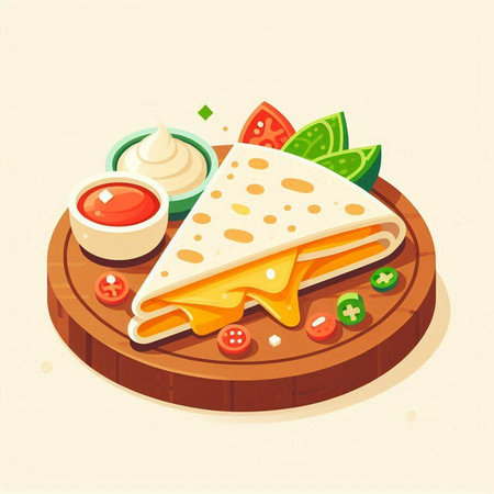 Mexican quesadilla on wooden board. Vector illustration.のイラスト素材