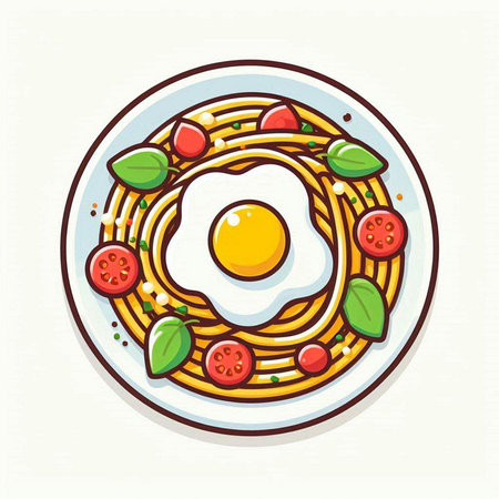 Spaghetti with tomato sauce and fried egg on plate. Vector illustration.のイラスト素材