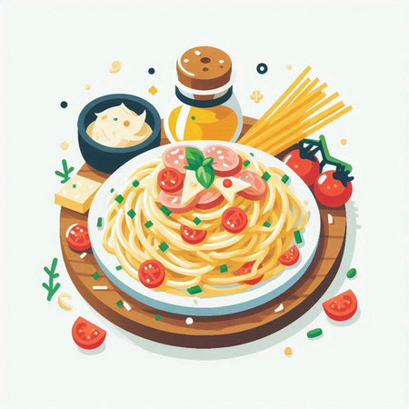 Spaghetti with tomatoes, mozzarella and basil. Vector illustrationのイラスト素材