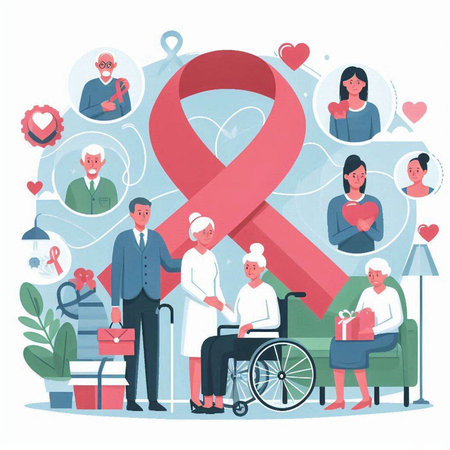 Breast Cancer Awareness Month. Vector Illustration of Woman in Wheelchair with Red Ribbon.のイラスト素材
