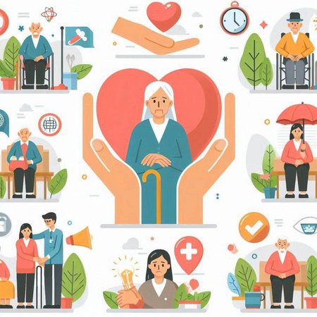 Elderly people health care concept. Flat vector illustration of elderly people health care.のイラスト素材