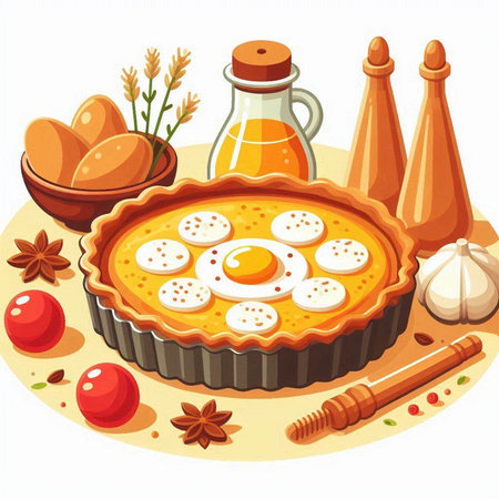 illustration of a pie with eggs and spices on a white backgroundのイラスト素材