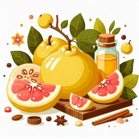 Grapefruit, orange, lemon, honey, cinnamon, cardamom, anise. Vector illustration.のイラスト素材