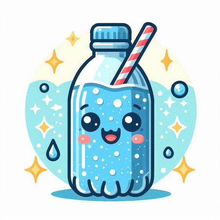 Cute cartoon bottle of water with a straw. Vector illustration.のイラスト素材