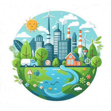 Ecology concept. Vector illustration in flat style. City landscape.のイラスト素材