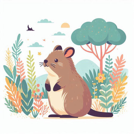 Cute cartoon hamster on the background of nature. Vector illustration.のイラスト素材