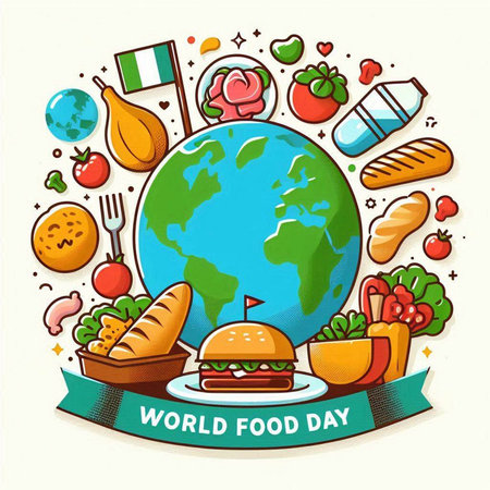 World food day. Vector illustration of World food day poster with world map and icons.のイラスト素材