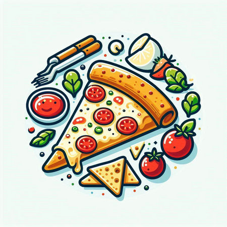 Pizza slice with tomato, pepperoni, mozzarella, basil, olive oil, olives. Vector illustration.のイラスト素材