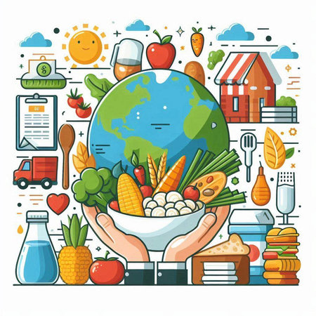 Vector illustration of healthy food in the hands of a man on a white background.のイラスト素材