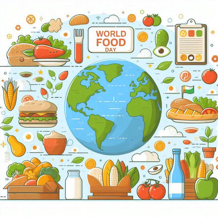 World food day poster with healthy food in flat style. Vector illustrationのイラスト素材