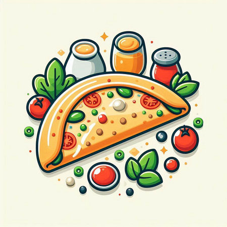 Illustration of a slice of pizza with ingredients on a light backgroundのイラスト素材