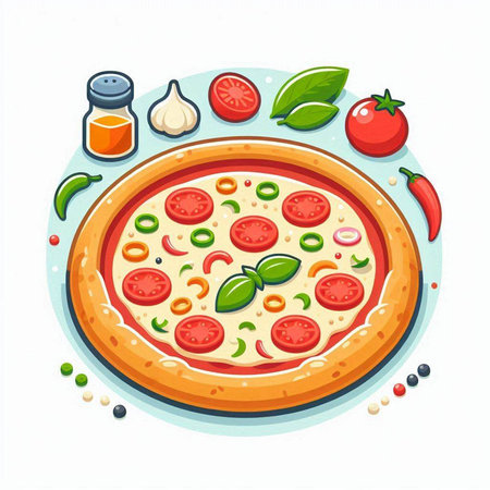 Illustration of pizza with tomato, pepper and basil on white backgroundのイラスト素材
