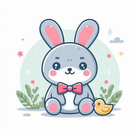 Cute little rabbit with duck. Vector illustration in cartoon style.のイラスト素材