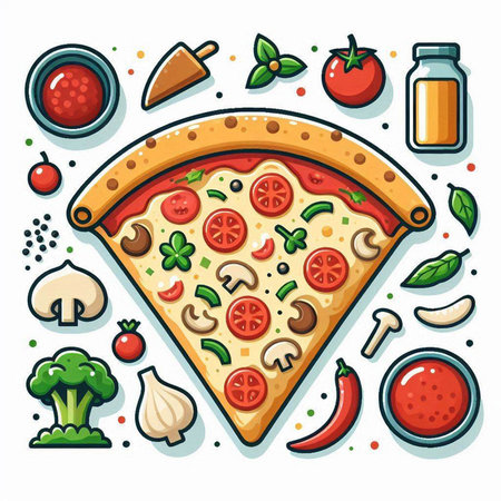Pizza with different ingredients on white background. Vector illustration in flat style.のイラスト素材