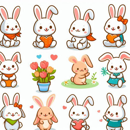 Rabbits and flowers set. Cute cartoon vector illustration.のイラスト素材