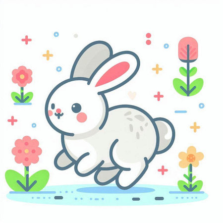 Cute cartoon bunny jumping in the park. Vector illustration in flat style.のイラスト素材