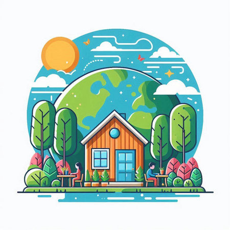 Vector illustration of a small house on the background of the planet.のイラスト素材