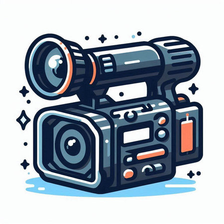 Vector illustration of a cinema camera. Hand drawn cartoon style. Isolated on white background.のイラスト素材