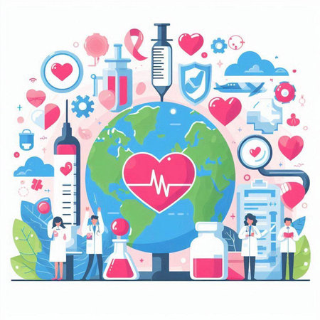 Vector illustration of World Health Day concept with doctors, medical equipment and icons.のイラスト素材