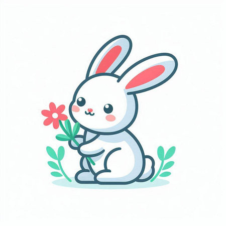 Cute bunny with flower. Vector illustration in cartoon style on white background.のイラスト素材