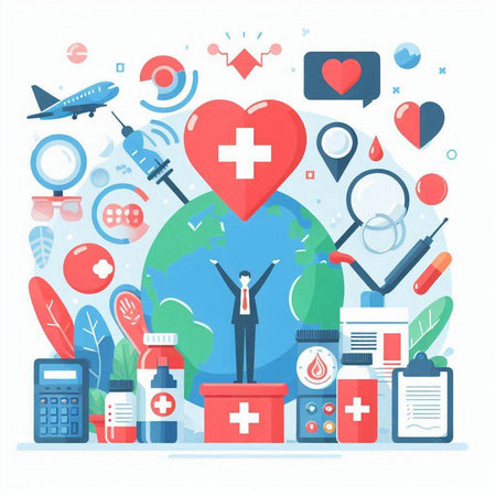 Flat design concept of global healthcare and medical services. Vector illustrationのイラスト素材