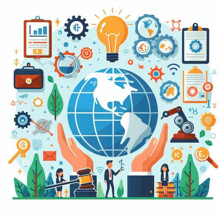 Flat design vector illustration concept of global law and justice. Lawyer, attorney, jurist, judge, lawyer, auctioneer, auctioneer, auctioneer, auctioneer, auctioneer, auctioneer, businesswoman.のイラスト素材