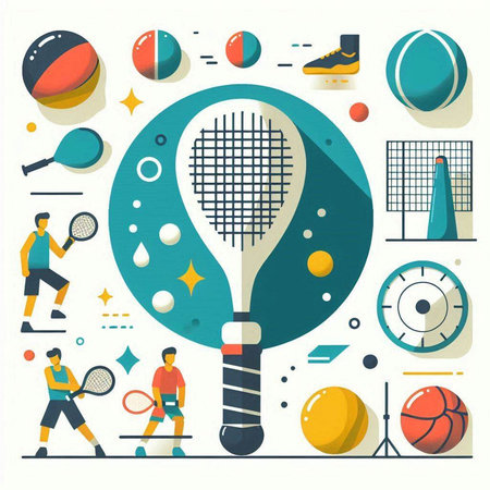 Tennis flat design concept with balls, racket, racquet, ball, rackets, net, shuttlecock. Vector illustration.のイラスト素材
