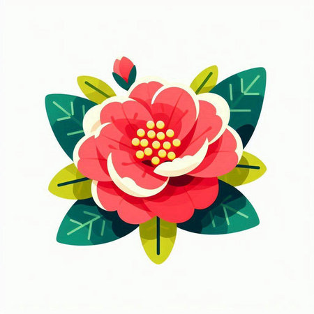 Vector illustration of red flower with green leaves isolated on white background.のイラスト素材