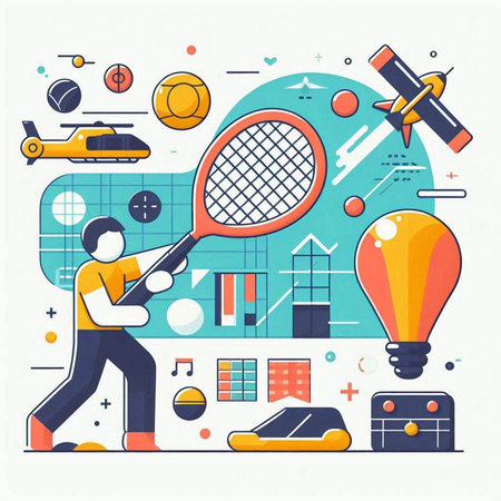 Vector illustration of man with tennis racket. Flat line art design for web, site, advertising, banner, poster and print.のイラスト素材