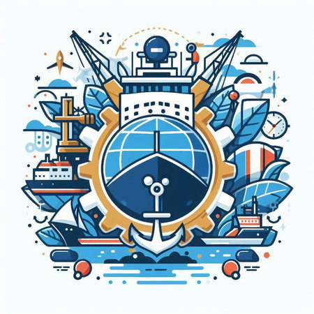 Vector illustration with ship and anchor. Line art design for web, site, advertising, banner, poster, board and print.のイラスト素材