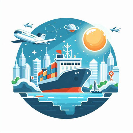 Vector illustration of cargo ship, plane and city landscape in circle shapeのイラスト素材