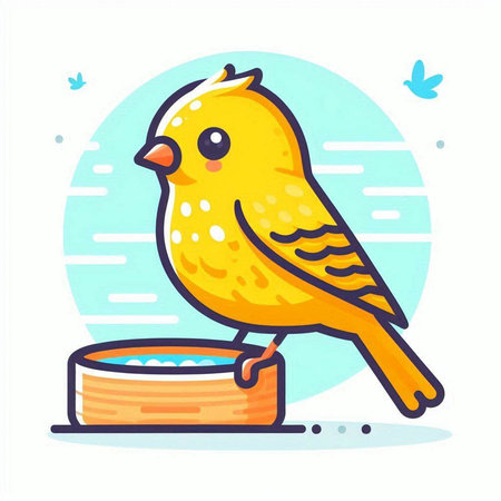 Cute yellow bird with a bowl of water. Vector illustration.のイラスト素材