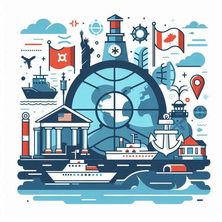 Traveling around the world. Lighthouse, ship, lighthouse, ship, cruise ship, lighthouse, ship, cruise liner. Vector illustration.のイラスト素材