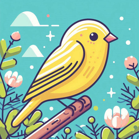 Cute yellow bird on a branch in the forest. Vector illustration.のイラスト素材