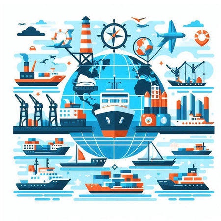 Vector flat illustration of sea shipping, transportation and logistics. Cargo ship, airplane, ship, plane, lighthouse, ship, seaport, ship, harbor. Logistics and transportation concept.のイラスト素材