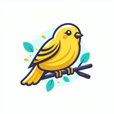Cute yellow bird sitting on a branch. Vector flat illustration.のイラスト素材
