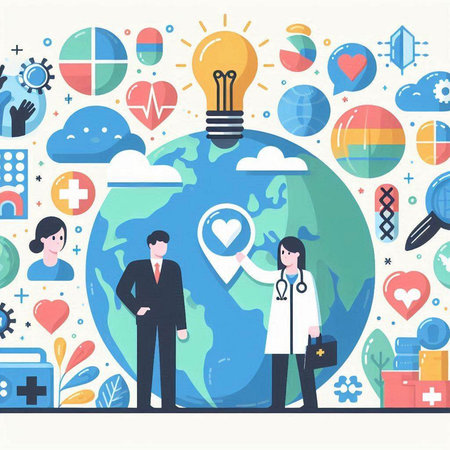 Vector illustration of World Health Day concept with flat icons on background.のイラスト素材