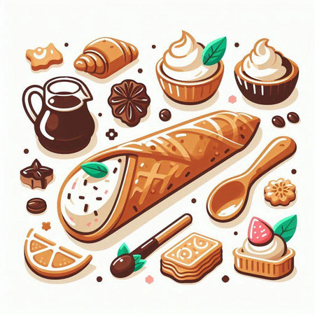 Vector illustration of a set of sweets, cookies, candies, coffeeのイラスト素材