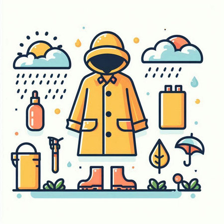 Vector illustration of raincoat, umbrella, sprayer, watering can, thermometer, rain drops.のイラスト素材