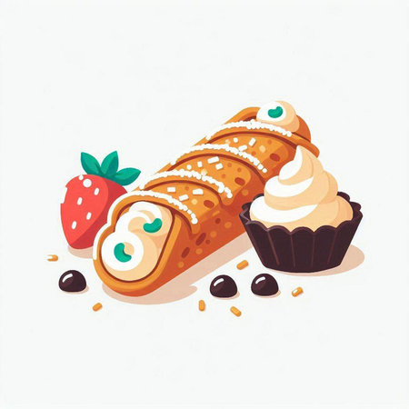 Cupcake with cream and strawberries. Vector illustration in cartoon style.のイラスト素材