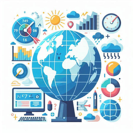 Flat design vector illustration concept of global business. Globe with icons and symbols.のイラスト素材