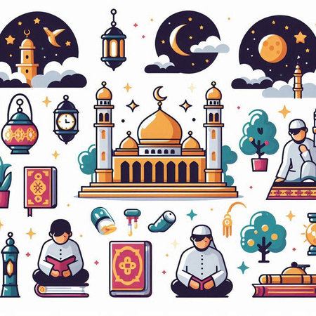 Seamless pattern with mosque, lanterns, moon, clouds and other elements. Vector illustration.のイラスト素材