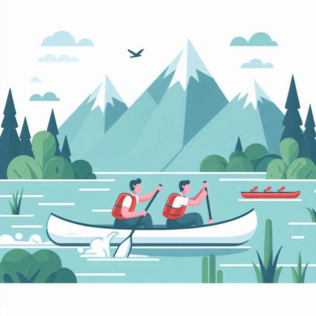 Couple kayaking on a lake. Vector illustration in flat styleのイラスト素材