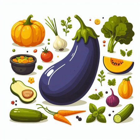 Vegetables set. Eggplant, pumpkin, carrot, onion, garlic, pepper, zucchini, tomato, potato, cucumber, broccoli, pumpkin, parsley, onion, pepper, pepper, garlic, tomato, cucumber, pepper, basil, eggplant. Vector illustrationのイラスト素材