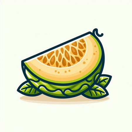 Cantaloupe melon with green leaves. Vector illustration.のイラスト素材